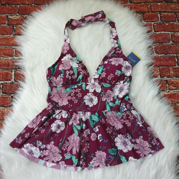 NWT Apt 9 Flora & Fauna Tankini Halter Swimsuit Floral Peplum Style S - Picture 4 of 9